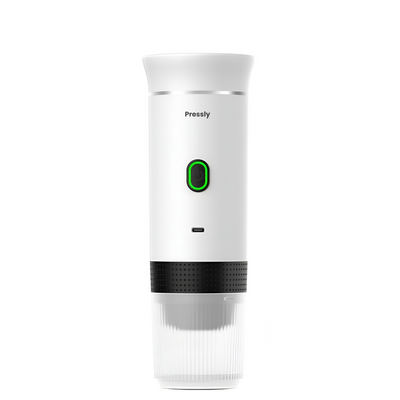 White and black device with green light on a white background